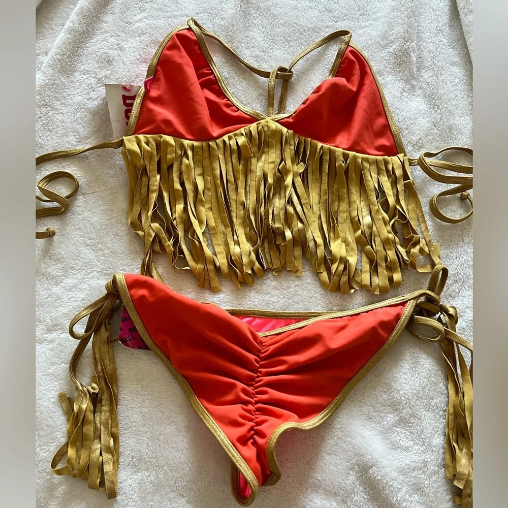 Doll Swimwear Corral and gold trim fringes scrunch butt two piece set